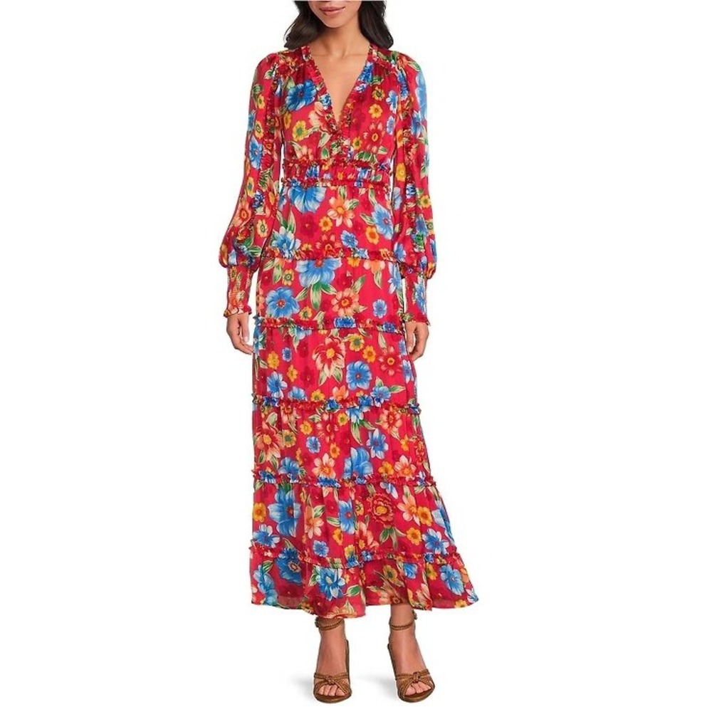 Chelsea & Violet Floral Ruffle Tiered Maxi Dress V-Neck Smocked Waist‎ Boho L